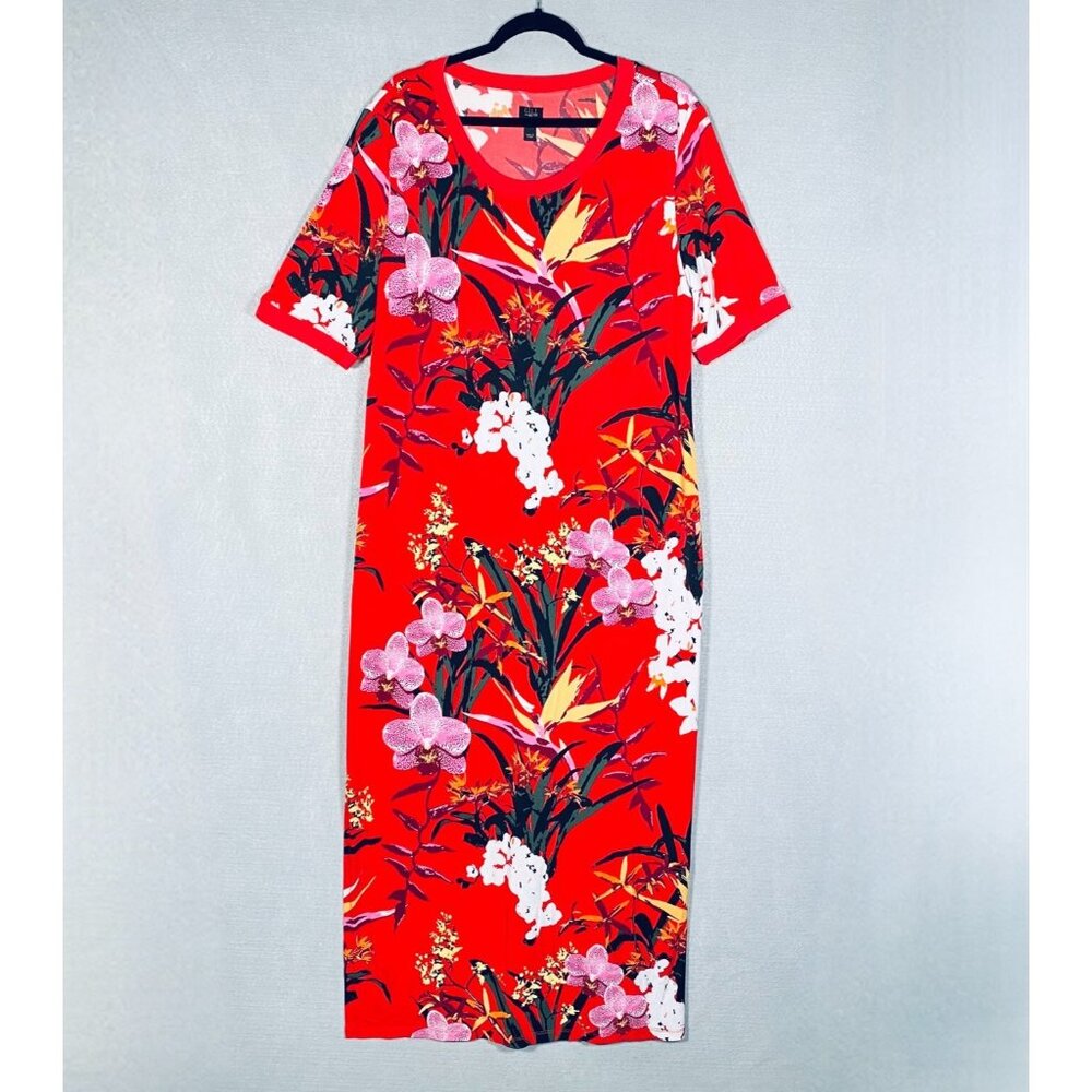 G.I.L.I Dress Womens XL Red Stretch Floral Pullover Maxi Japanese